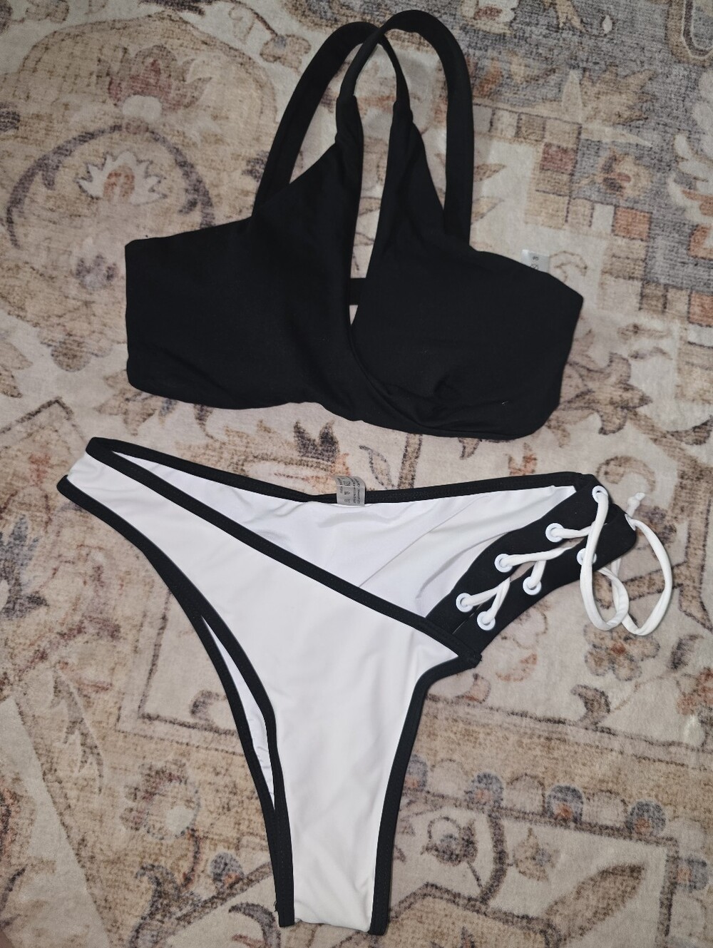 Black & White Lace-Up Bikini Bottom with Black Bikini Top